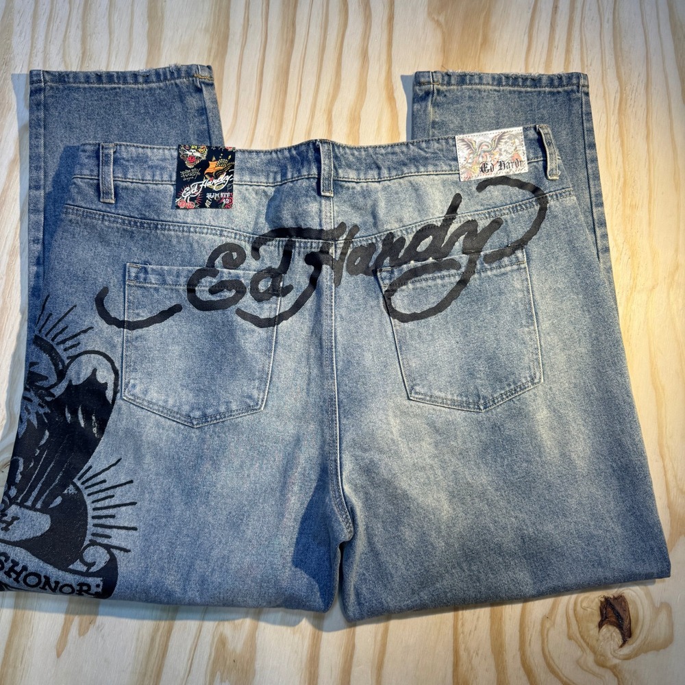 Ed Hardy Mens Death Before Dishonor Graphic Slim Fit Blue Distressed Jeans Sz 42